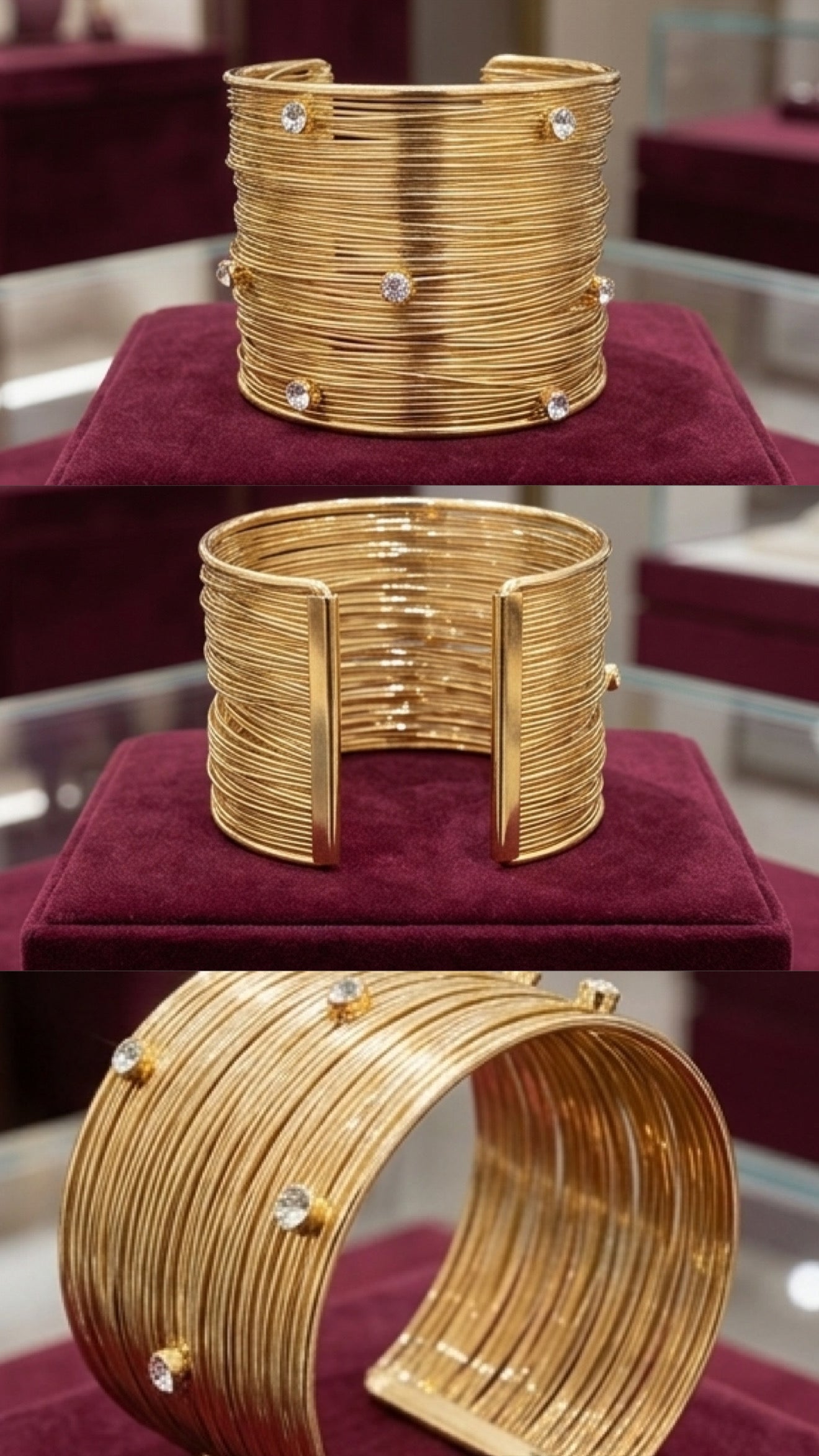 Luxury Multi-Layer Gold Wire Cuff Bracelet – Adjustable Statement Bangle with Charms & Crystal Accents
