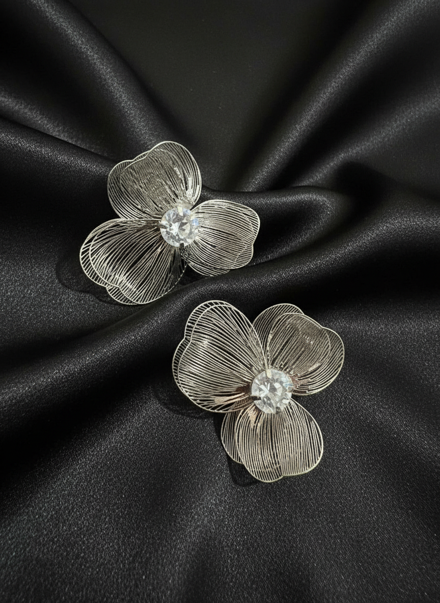 ✨ Silver Gossamer Bloom Studs – Delicate Wire Mesh Floral Earrings