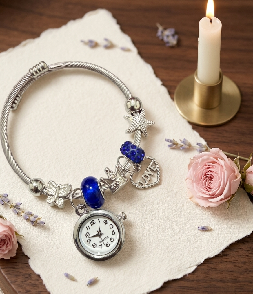 Charm Watch Bangle | Vintage Style Cable Bracelet with Working Watch Face
