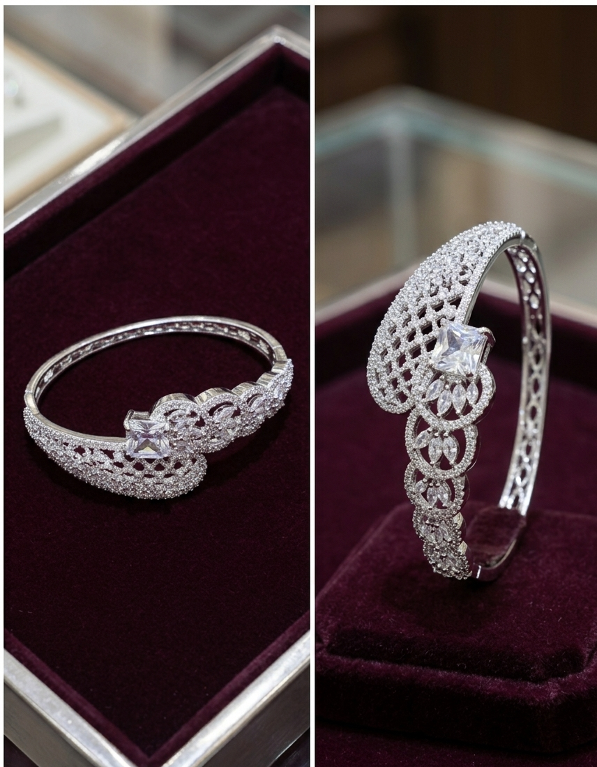 Crystal Lattice Wrap Bangle – Silver-tone Statement Cuff with Princess Cut Center Stone
