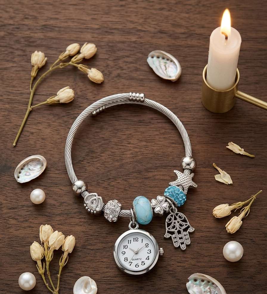 Charm Watch Bangle | Vintage Style Cable Bracelet with Working Watch Face