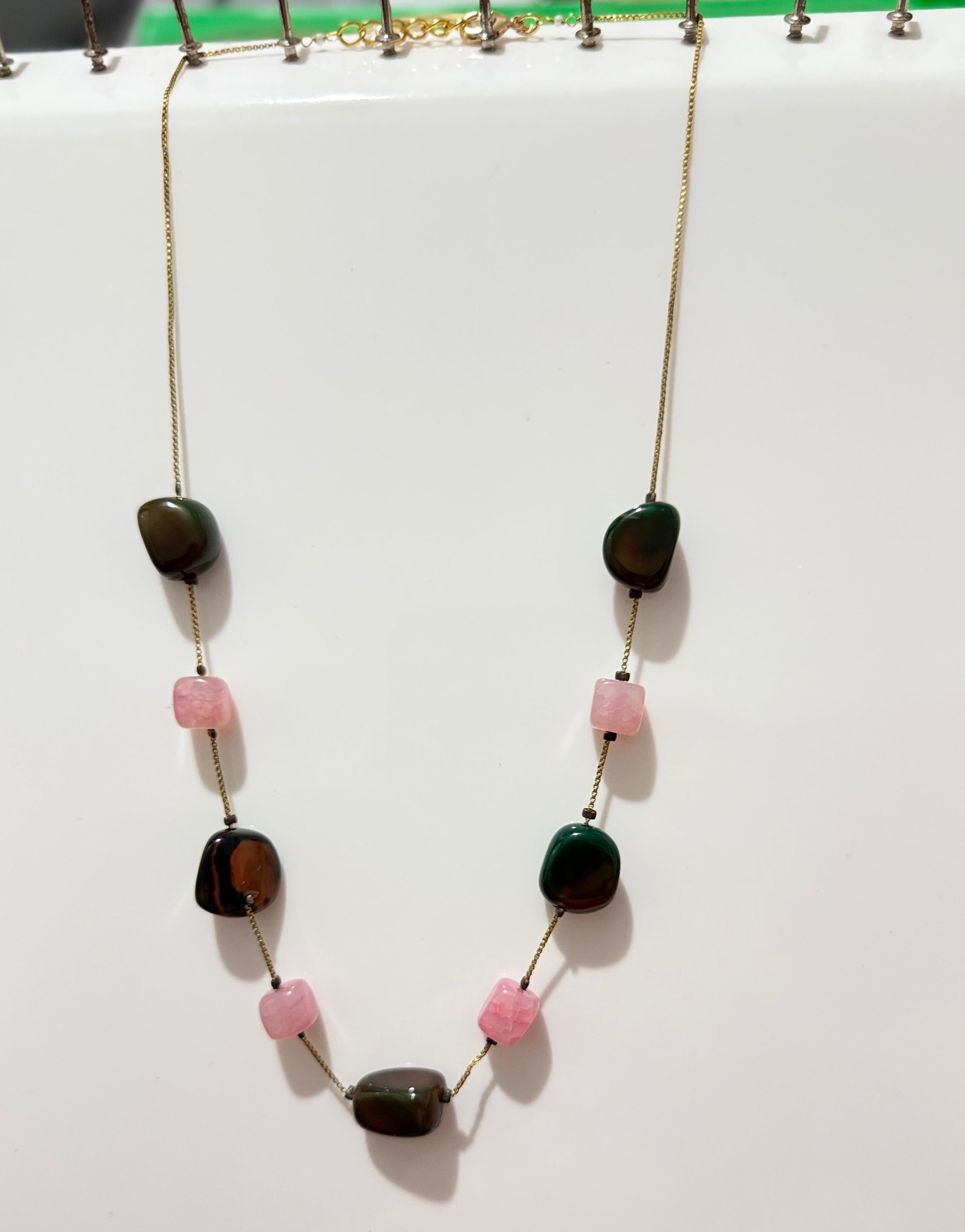 Natural Stone Beaded Gold Necklace – Multi-Color Gemstone Chain