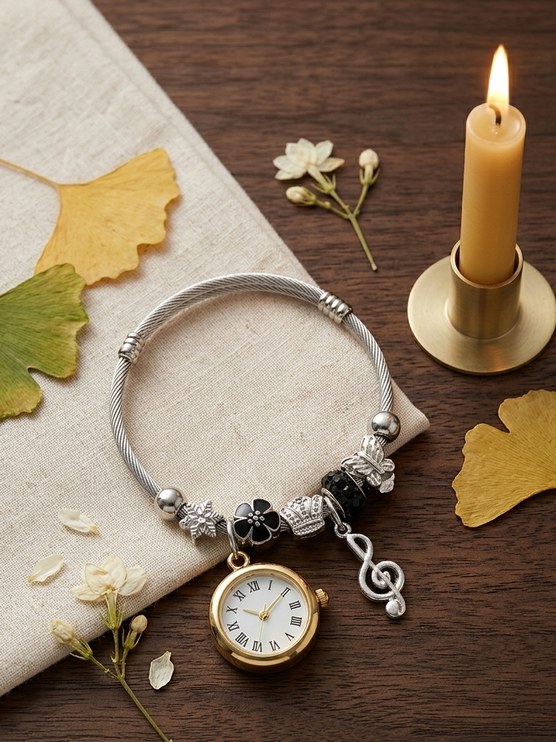 Charm Watch Bangle | Vintage Style Cable Bracelet with Working Watch Face