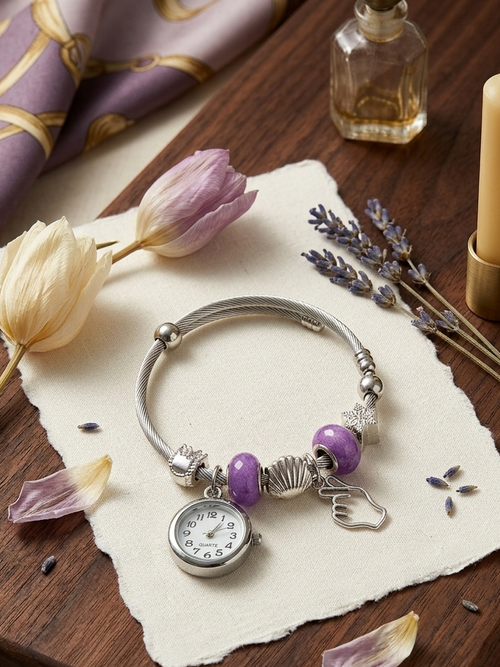 Charm Watch Bangle | Vintage Style Cable Bracelet with Working Watch Face