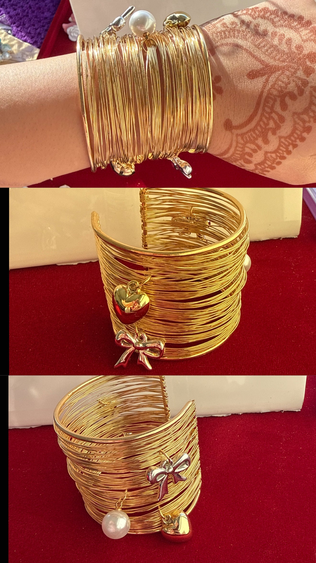 Luxury Multi-Layer Gold Wire Cuff Bracelet – Adjustable Statement Bangle with Charms & Crystal Accents