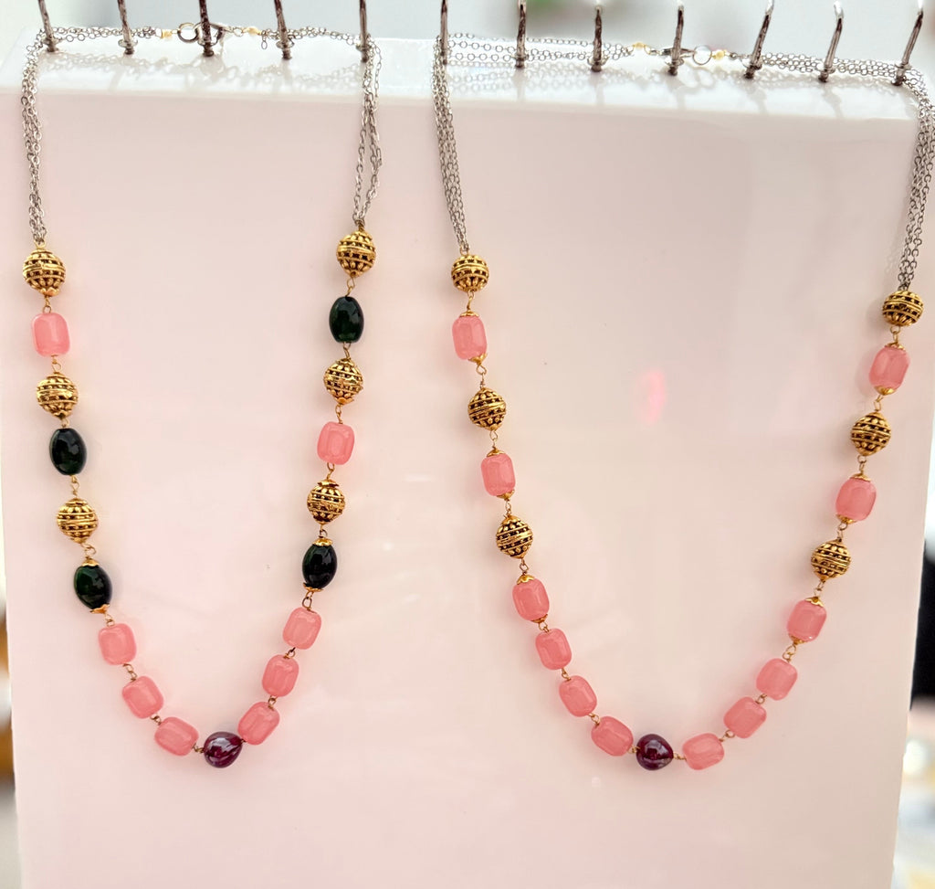 ✨ Boho-Chic Long Beaded Necklace – Pastel Pink & Gold-Tone Accents