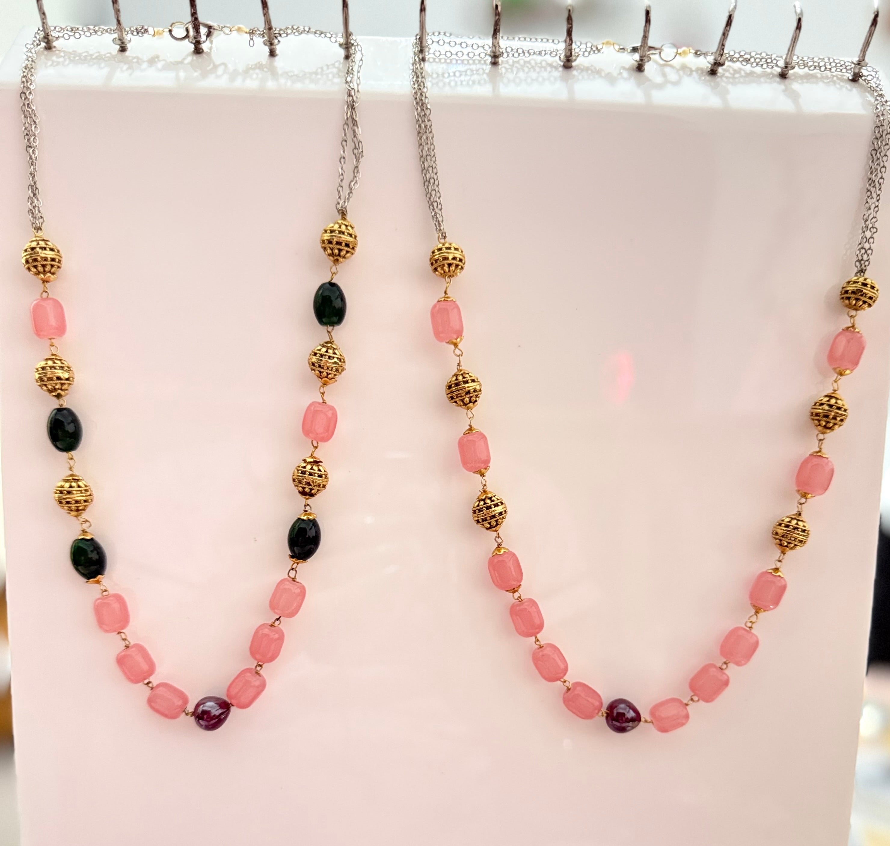 ✨ Boho-Chic Long Beaded Necklace – Pastel Pink & Gold-Tone Accents