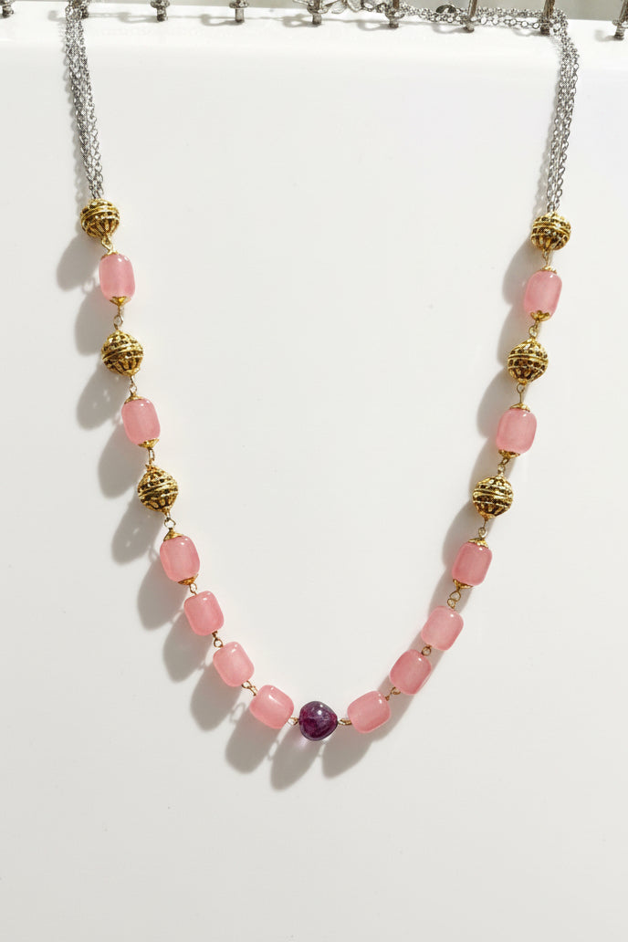 ✨ Boho-Chic Long Beaded Necklace – Pastel Pink & Gold-Tone Accents