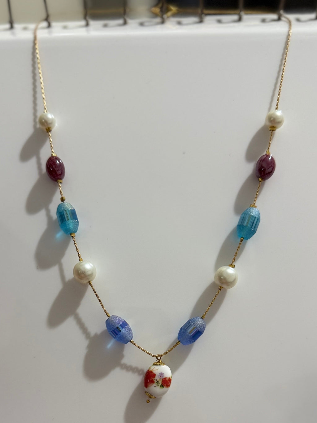 Colorful Beaded Pearl Necklace – Floral Charm Gold Chain (Adjustable)