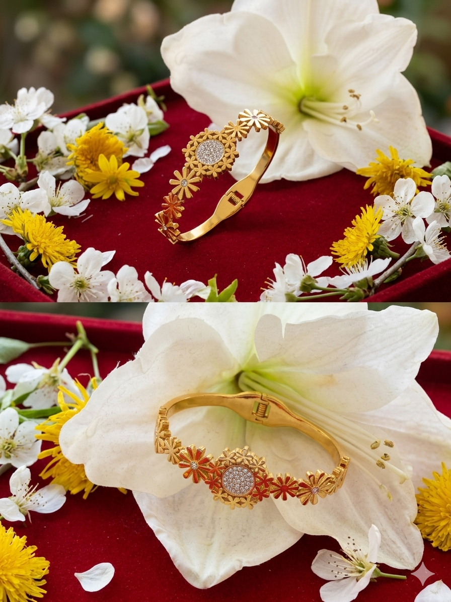Meadow Gold Floral Bangle – Daisy & Sunflower Statement Bracelet with Pavé Accents