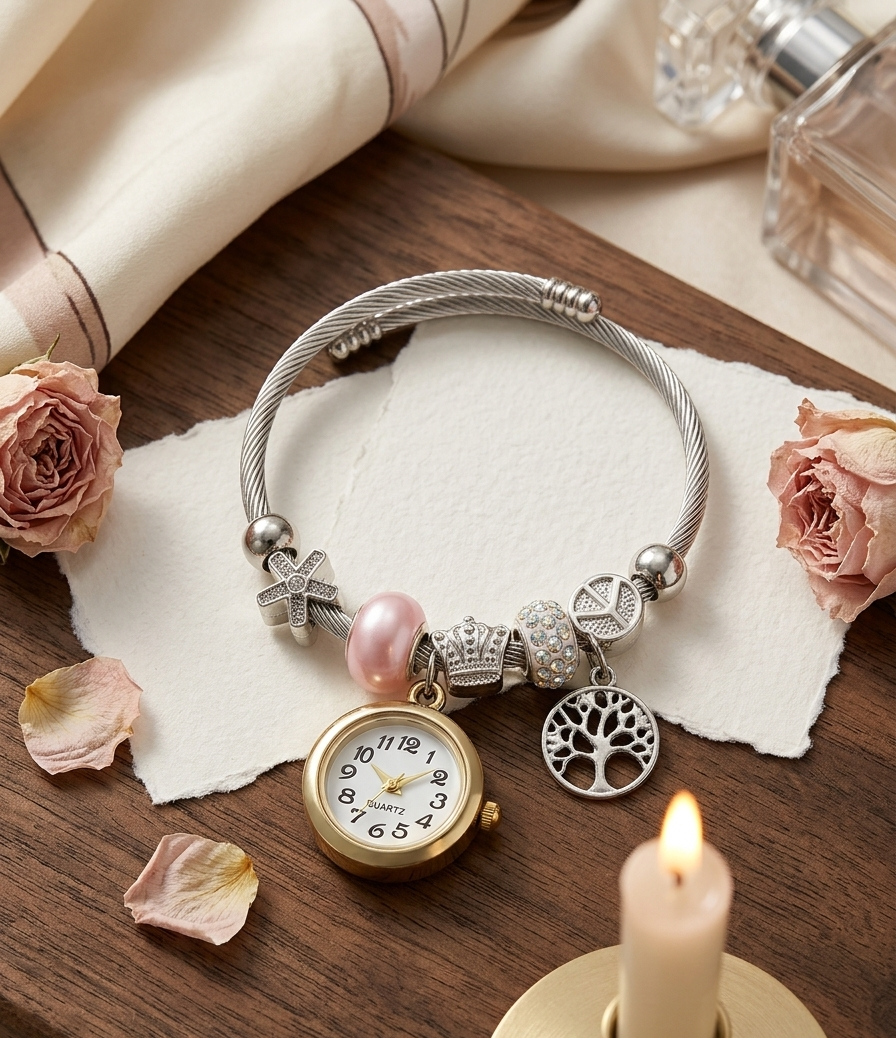 Charm Watch Bangle | Vintage Style Cable Bracelet with Working Watch Face