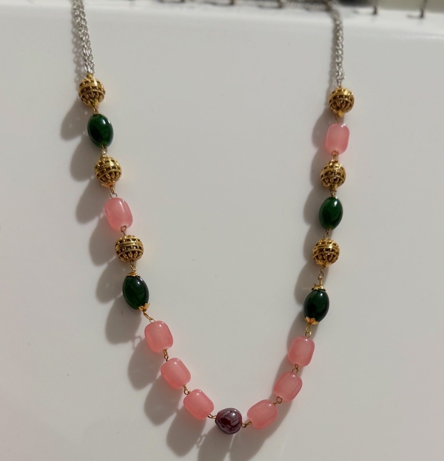 ✨ Boho-Chic Long Beaded Necklace – Pastel Pink & Gold-Tone Accents