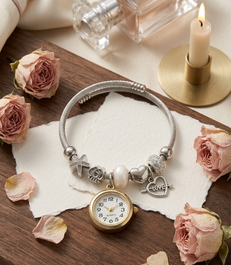 Charm Watch Bangle | Vintage Style Cable Bracelet with Working Watch Face