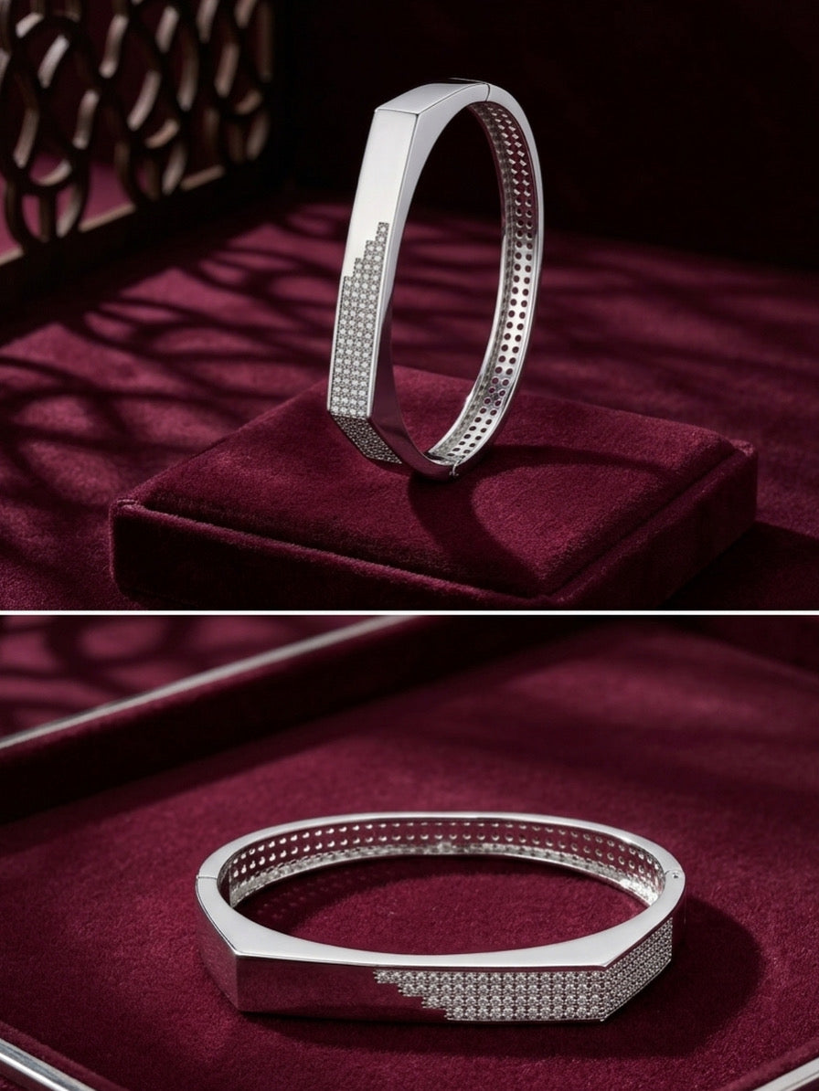 Modern Geometric Pave-Set Bangle – Architectural Fashion Cuff in Silver Finish