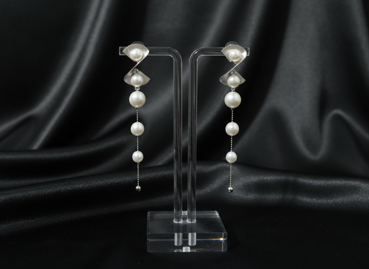 Elegant Silver-Tone Long Drop Pearl Earrings